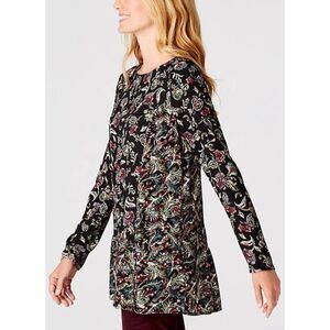 J Jill Tunic Top Peasant Rayon Blouse Womens Sz LP  Floral Print Black MSRP: $89